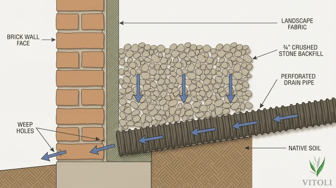 Cross-section diagram of retaining brick wall drainage system with gravel and perforated pipe