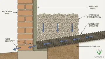 Cross-section diagram of retaining brick wall drainage system with gravel and perforated pipe