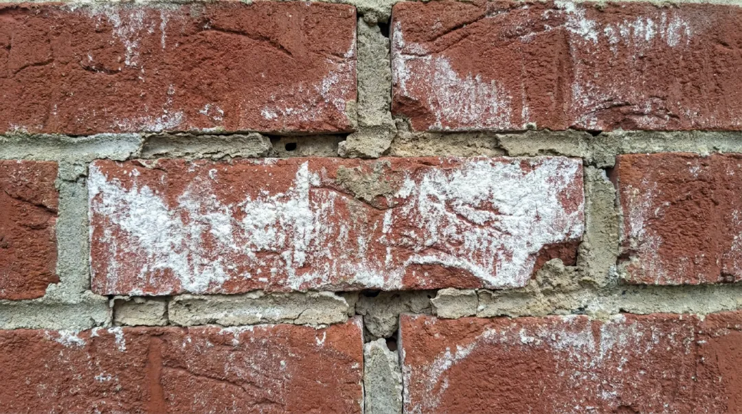 Brick wall showing white efflorescence deposits and deteriorating mortar joints closeup