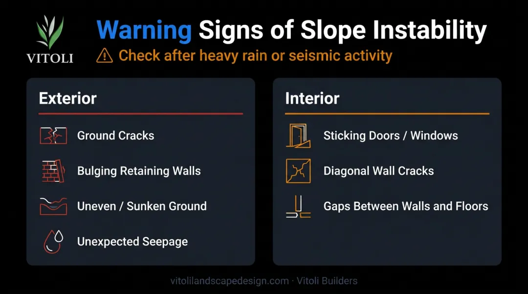 Slope instability warning signs checklist exterior and interior indicators for homeowners
