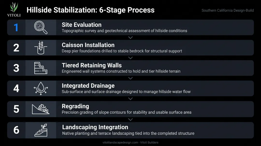 Six-step Southern California hillside stabilization project process flow diagram