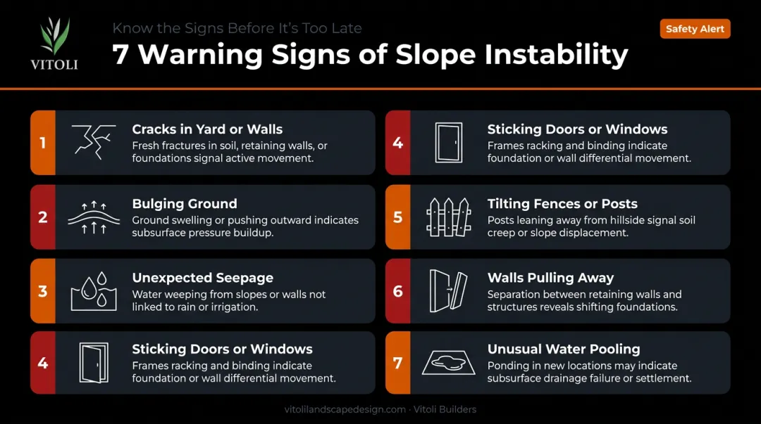 Seven hillside property slope instability warning signs visual checklist