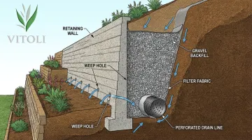 Retaining wall drainage system showing gravel backfill perforated drain and weep holes