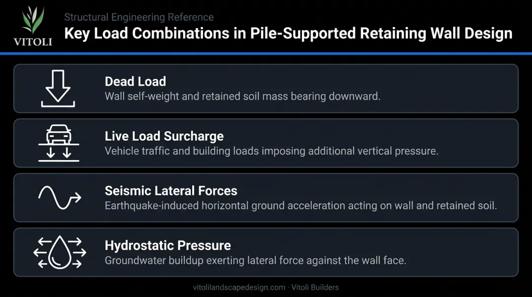 Four load combinations for pile-supported retaining wall design seismic and hydrostatic