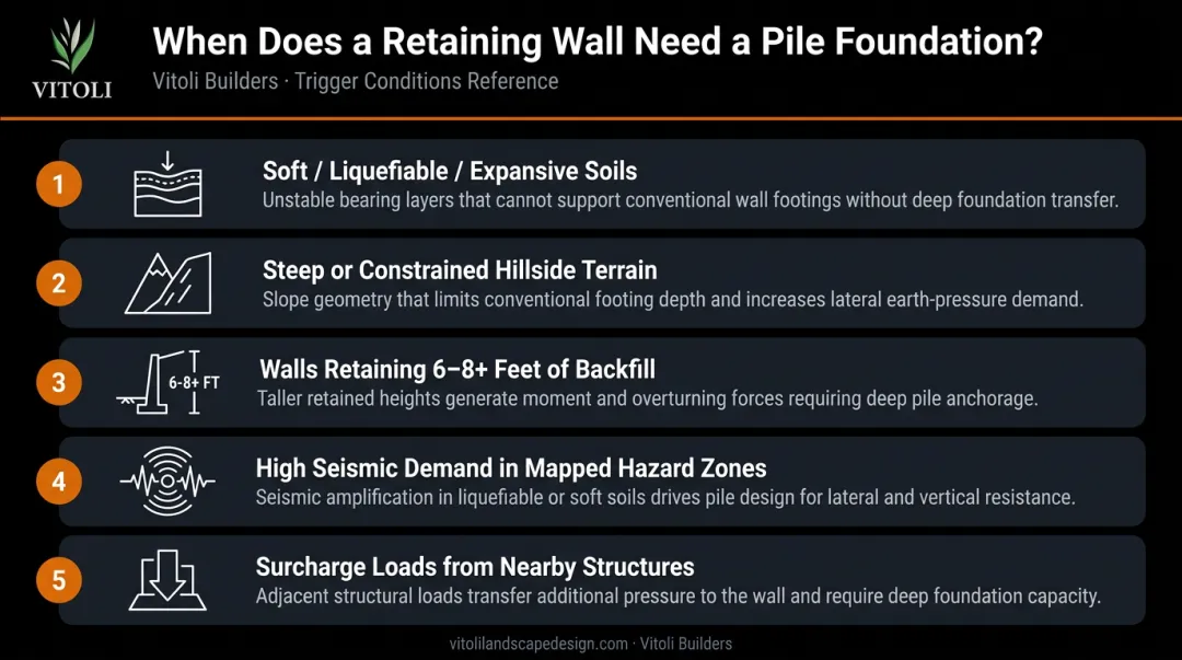 Five key site conditions requiring pile foundation for retaining walls infographic