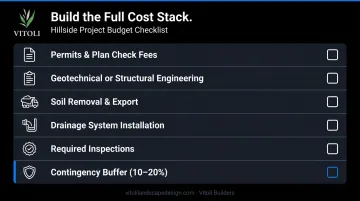 Six-step hillside terrace budget planning checklist with cost categories and contingency guide