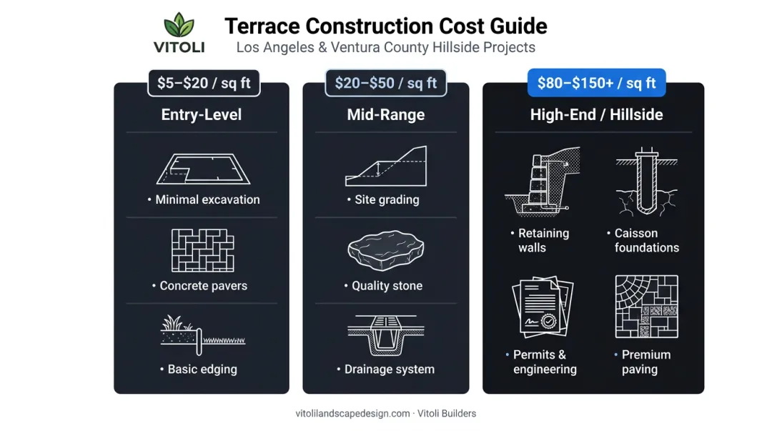 Three-tier terrace construction cost comparison from entry-level to hillside engineered