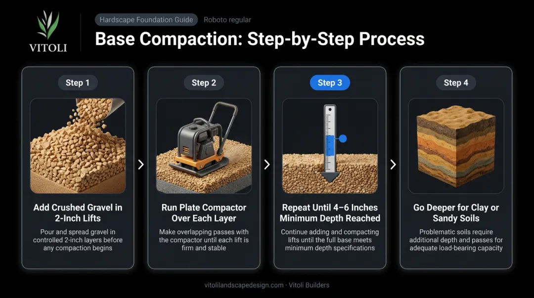 4-step gravel base compaction process for stacked stone retaining wall