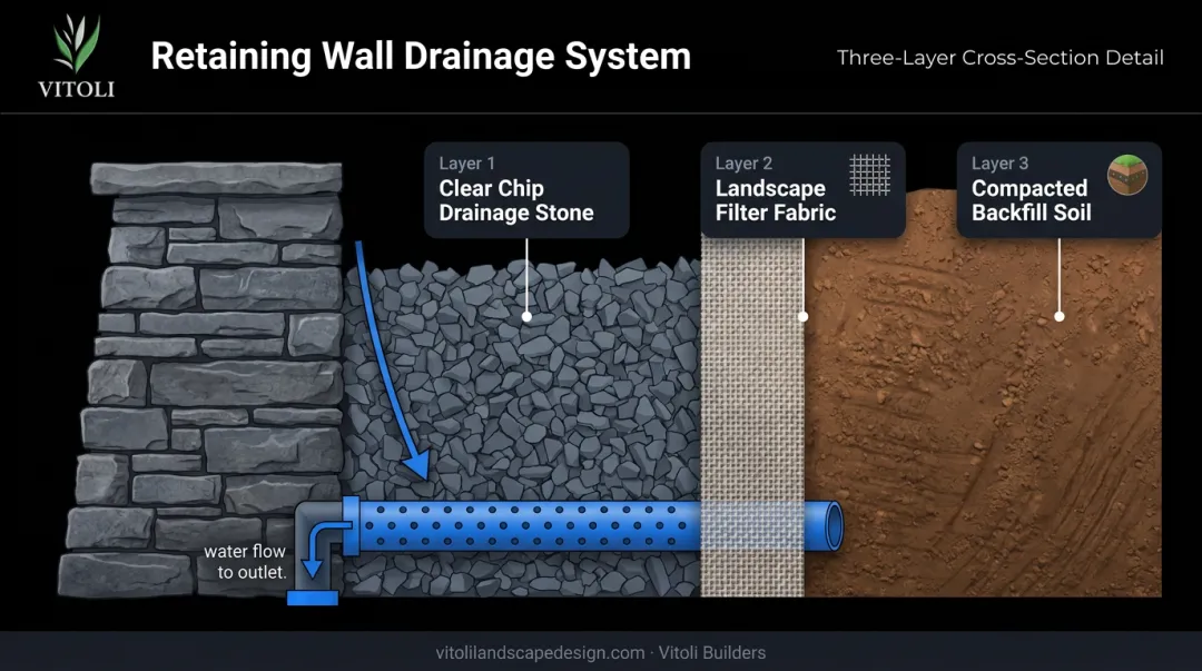Three-layer retaining wall drainage system cross-section diagram with components