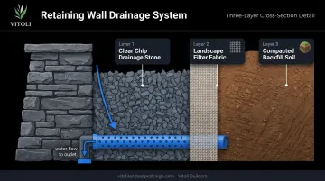 Three-layer retaining wall drainage system cross-section diagram with components