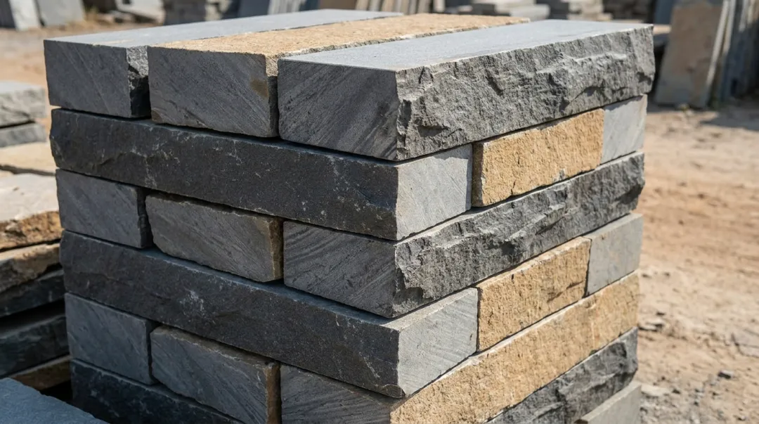 Angular flat-faced wall stone varieties including slate sandstone and basalt stacked