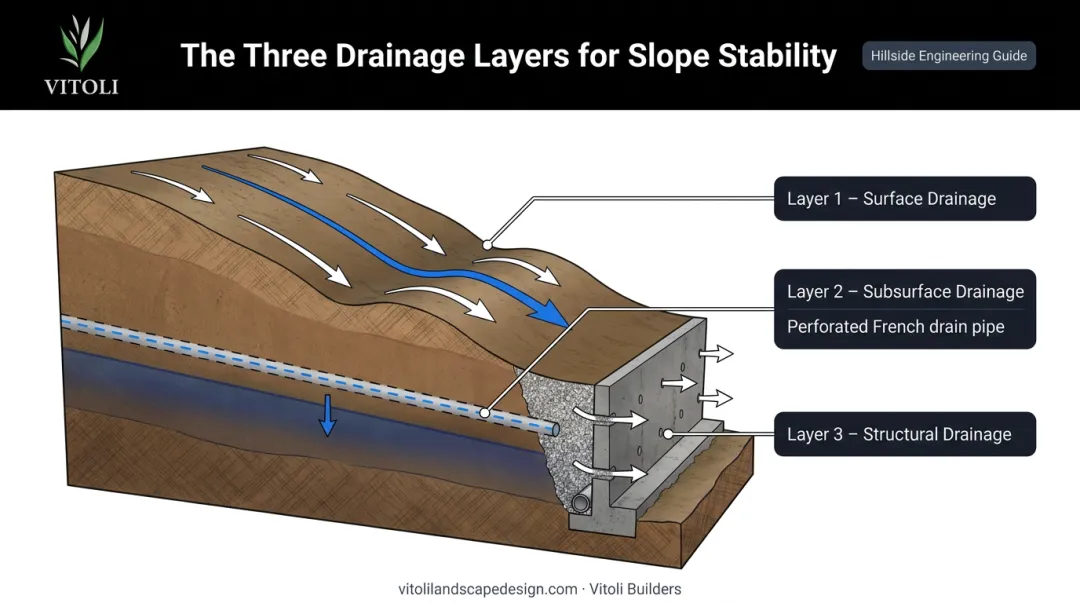 Three-layer slope drainage system surface subsurface and structural provisions diagram