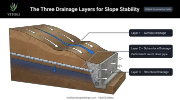 Three-layer slope drainage system surface subsurface and structural provisions diagram