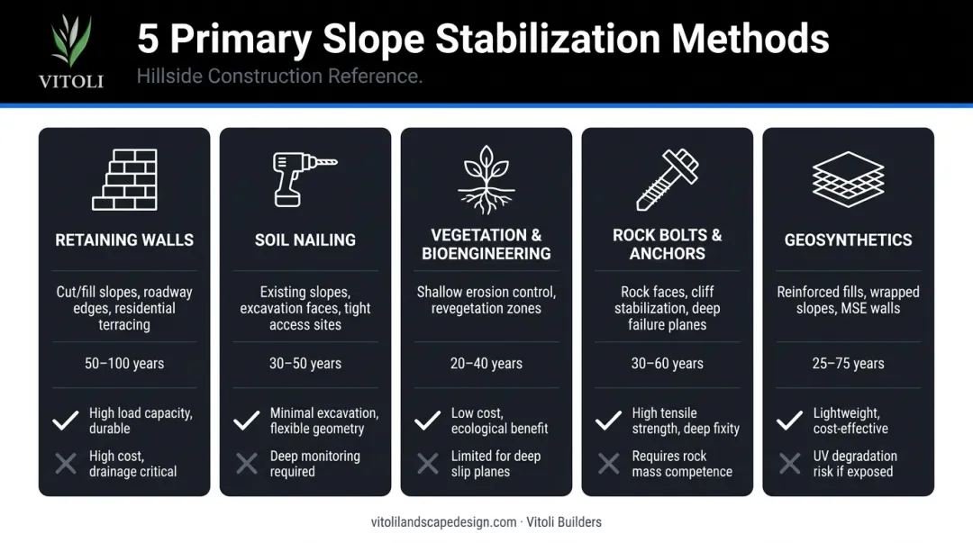 Five slope stabilization methods comparison infographic retaining walls to geosynthetics