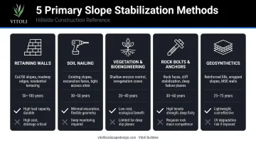 Five slope stabilization methods comparison infographic retaining walls to geosynthetics