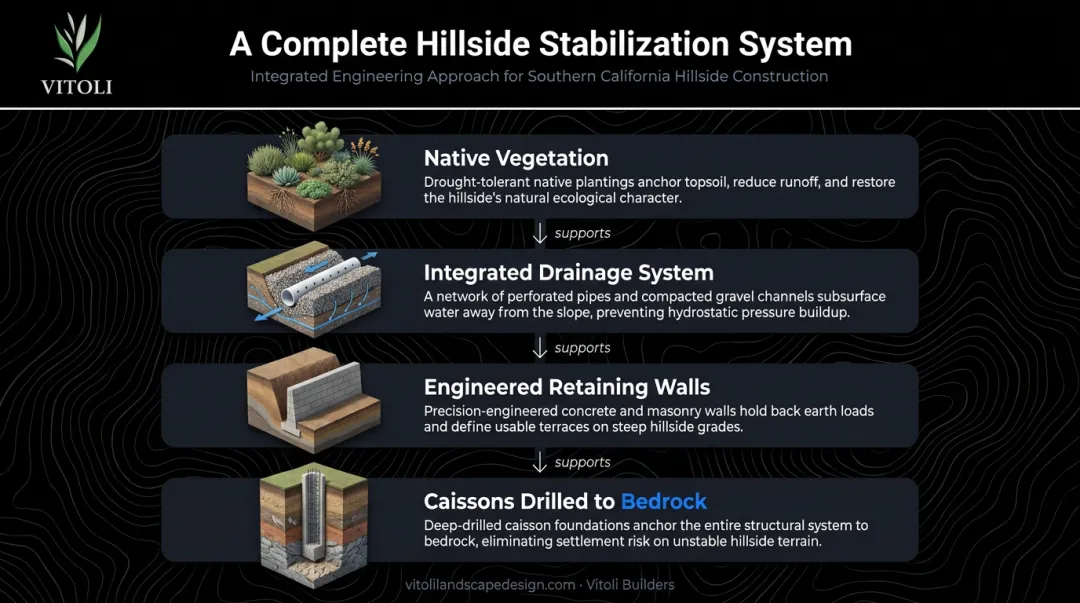 Integrated hillside stabilization system components retaining wall drainage caissons and vegetation