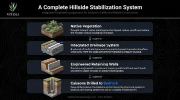 Integrated hillside stabilization system components retaining wall drainage caissons and vegetation
