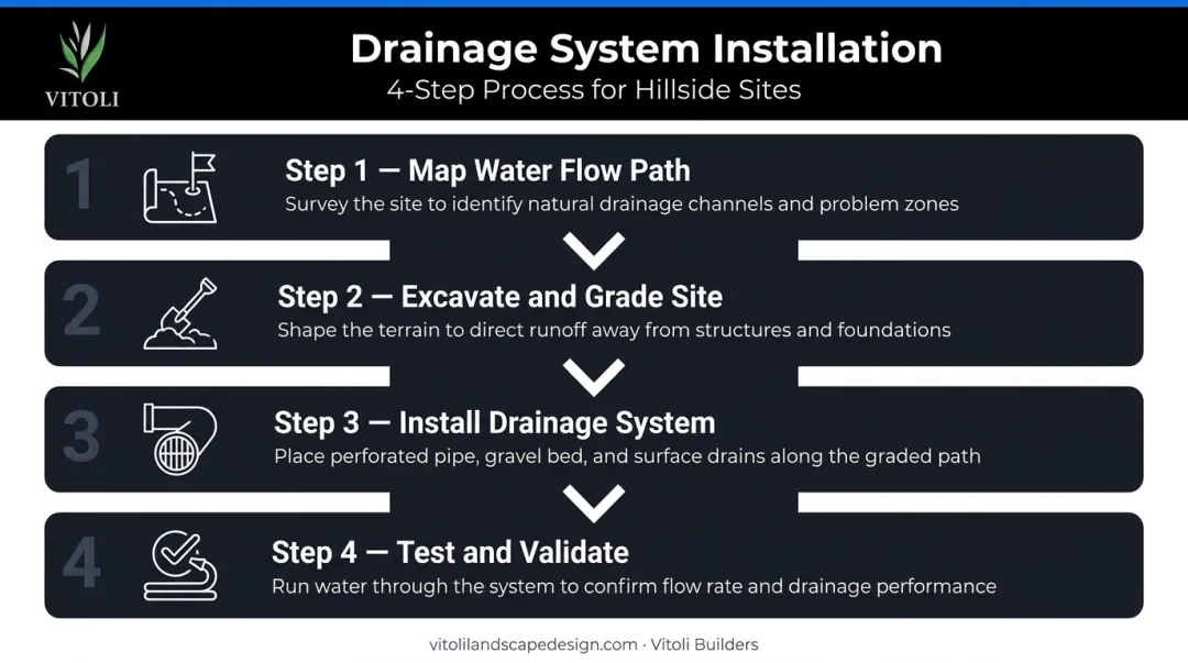 4-step sloped backyard drainage installation process flow diagram