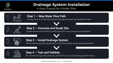 4-step sloped backyard drainage installation process flow diagram