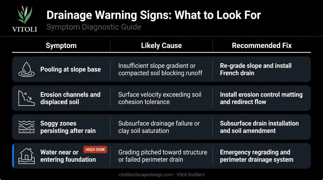 Sloped yard drainage problem symptom diagnosis table with recommended solutions