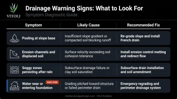 Sloped yard drainage problem symptom diagnosis table with recommended solutions