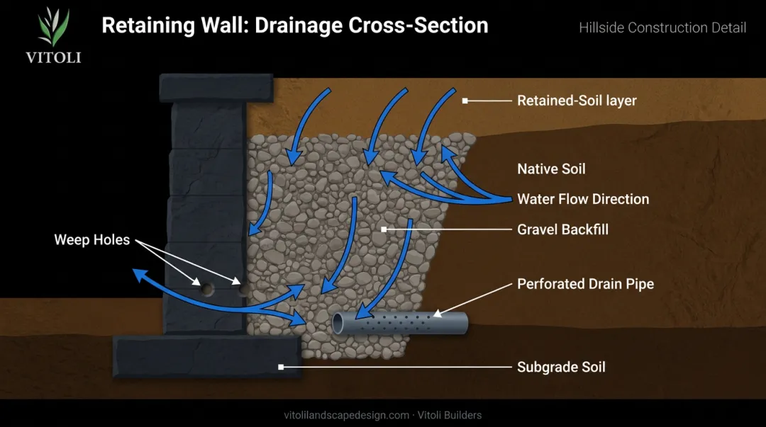 Retaining wall cross-section diagram showing gravel backfill drain pipe and weep holes