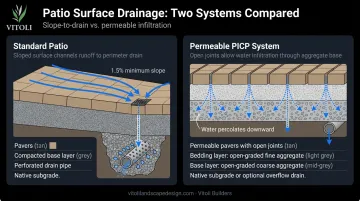 Paver patio surface drainage comparison standard slope versus permeable PICP system