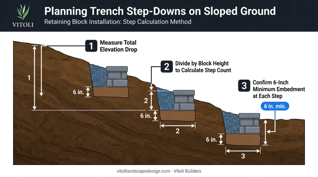 Retaining wall trench step-down planning process with 6-inch embedment diagram
