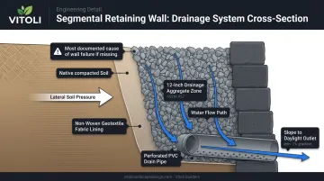 Retaining wall drainage system cross-section showing geotextile aggregate and drain pipe layers