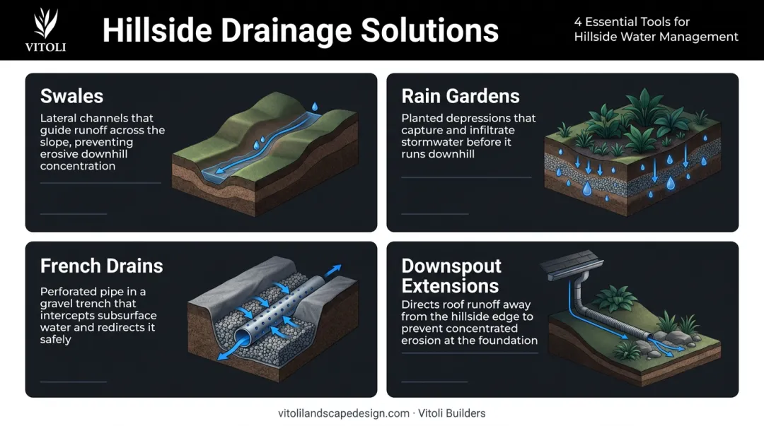 Four hillside drainage tools swales rain gardens French drains and downspout extensions