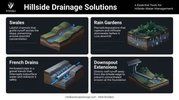 Four hillside drainage tools swales rain gardens French drains and downspout extensions