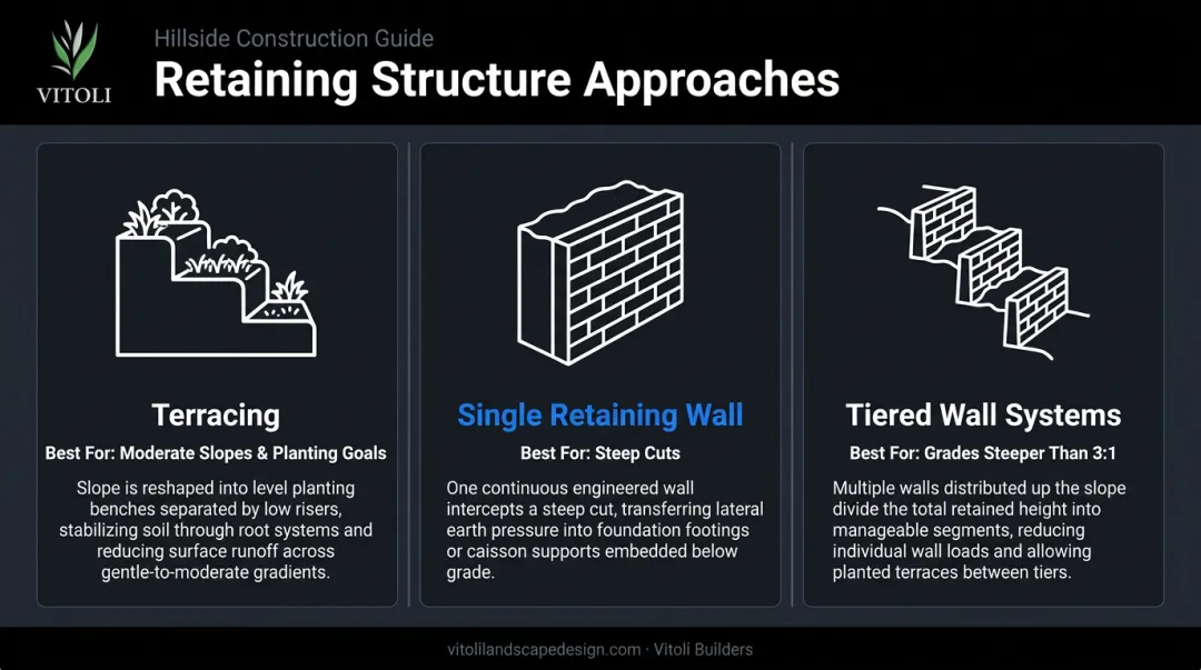 Three retaining wall approaches comparison chart for hillside erosion control