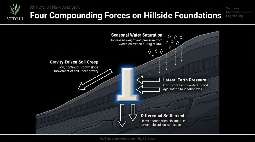 Four hillside foundation forces infographic gravity lateral seismic drainage