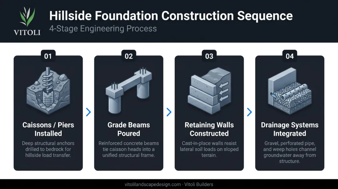 Four-stage hillside foundation construction sequence caissons grade beams retaining walls drainage