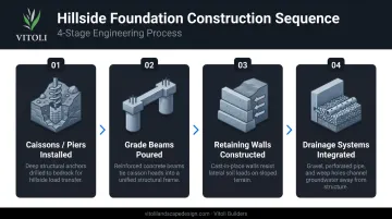 Four-stage hillside foundation construction sequence caissons grade beams retaining walls drainage