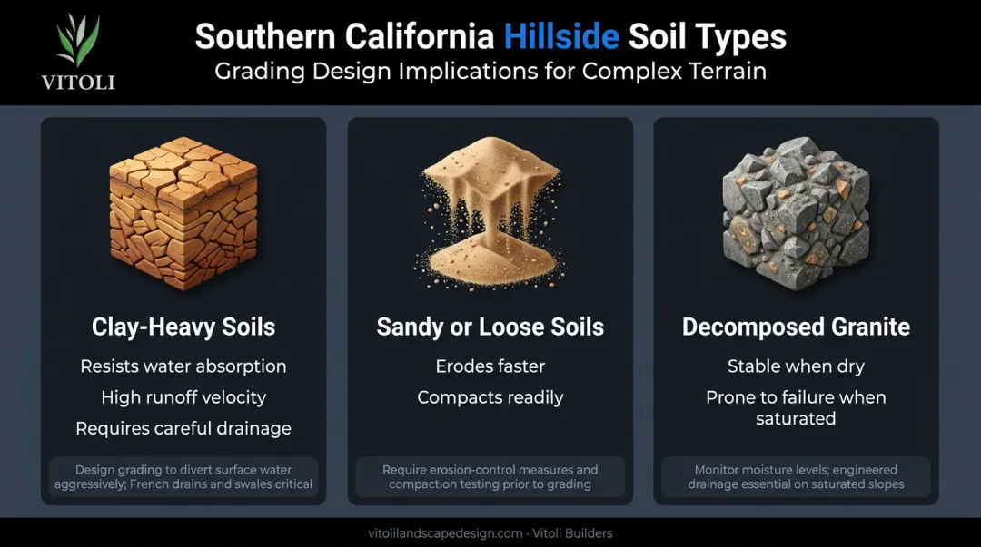 Southern California hillside soil types comparison clay granite sandy characteristics infographic