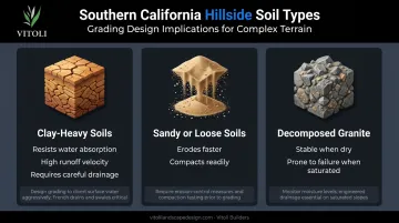 Southern California hillside soil types comparison clay granite sandy characteristics infographic