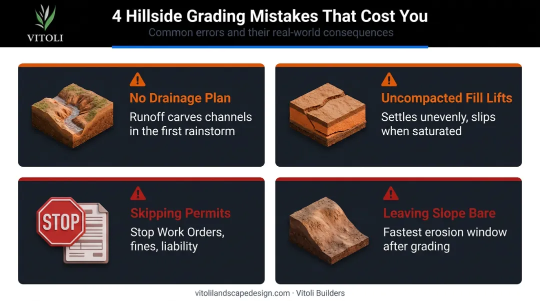 Four common hillside grading mistakes warning signs and consequences infographic