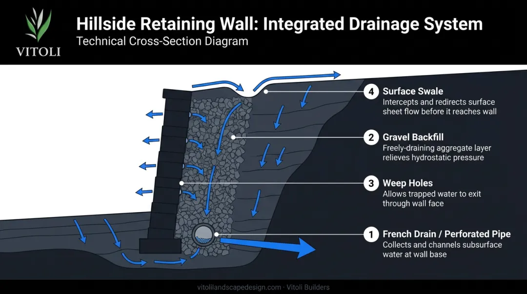 Four-component hillside drainage system diagram with French drains weep holes and swales