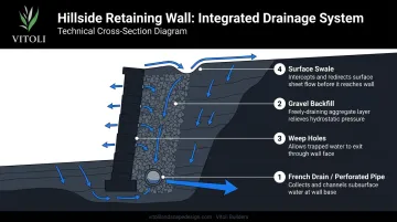 Four-component hillside drainage system diagram with French drains weep holes and swales