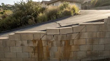 Damaged retaining wall showing visible bulging and cracking from drainage failure