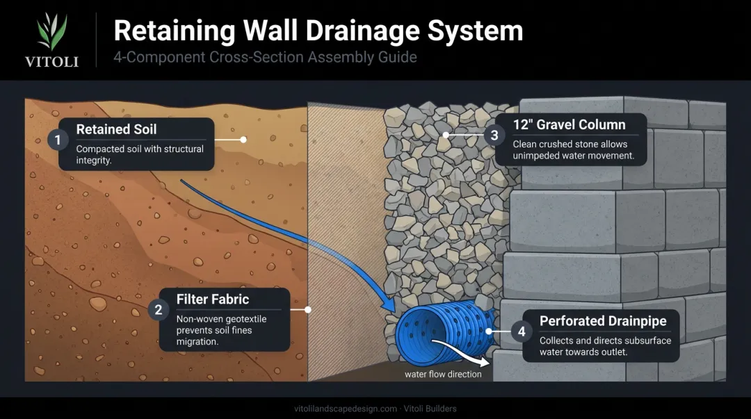 4-component retaining wall drainage system assembly cross-section diagram