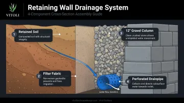 4-component retaining wall drainage system assembly cross-section diagram