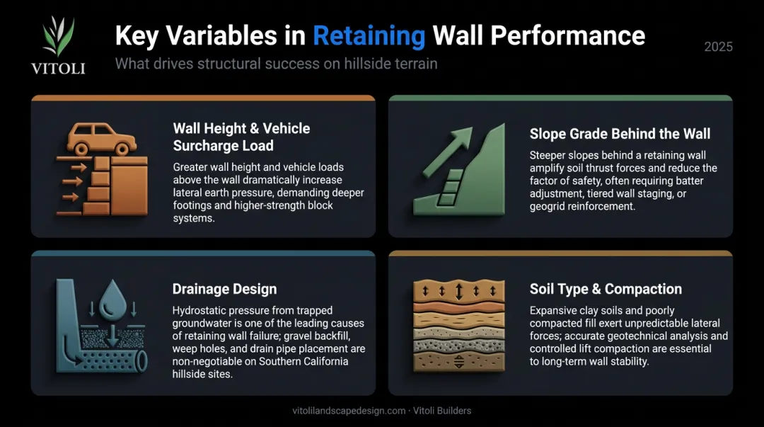 Four key variables affecting driveway retaining wall structural performance infographic