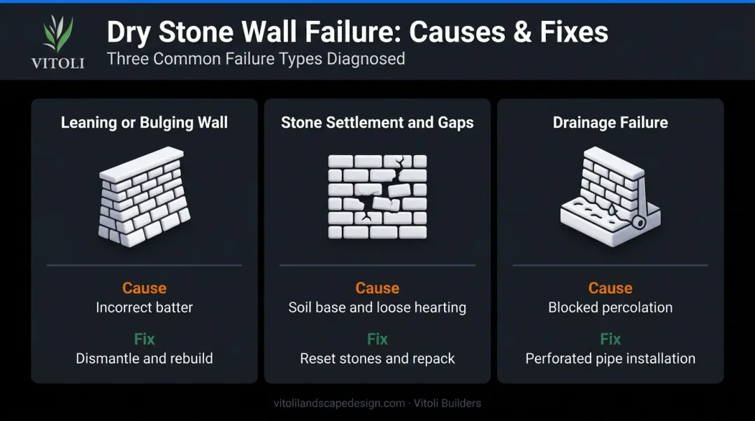 Three common fieldstone wall failure modes causes and repair solutions comparison