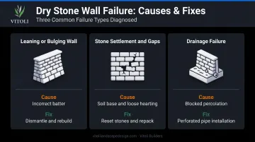 Three common fieldstone wall failure modes causes and repair solutions comparison