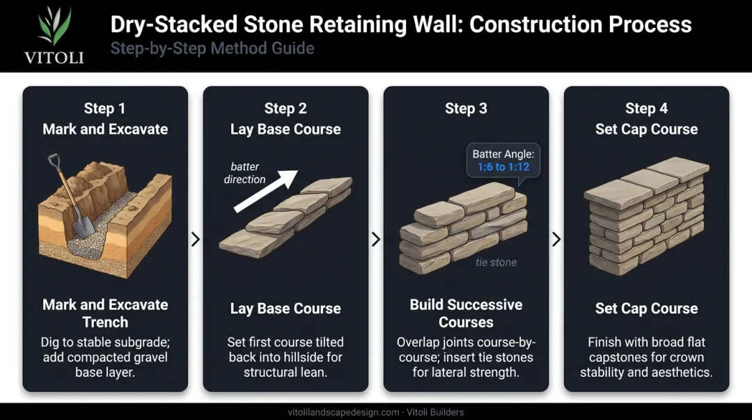 Four-step fieldstone retaining wall construction process with batter and tie stones