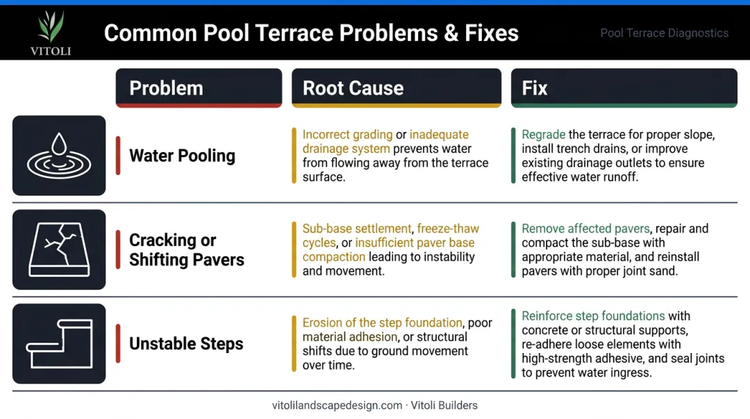 Pool terrace installation problems root causes and solutions comparison table infographic