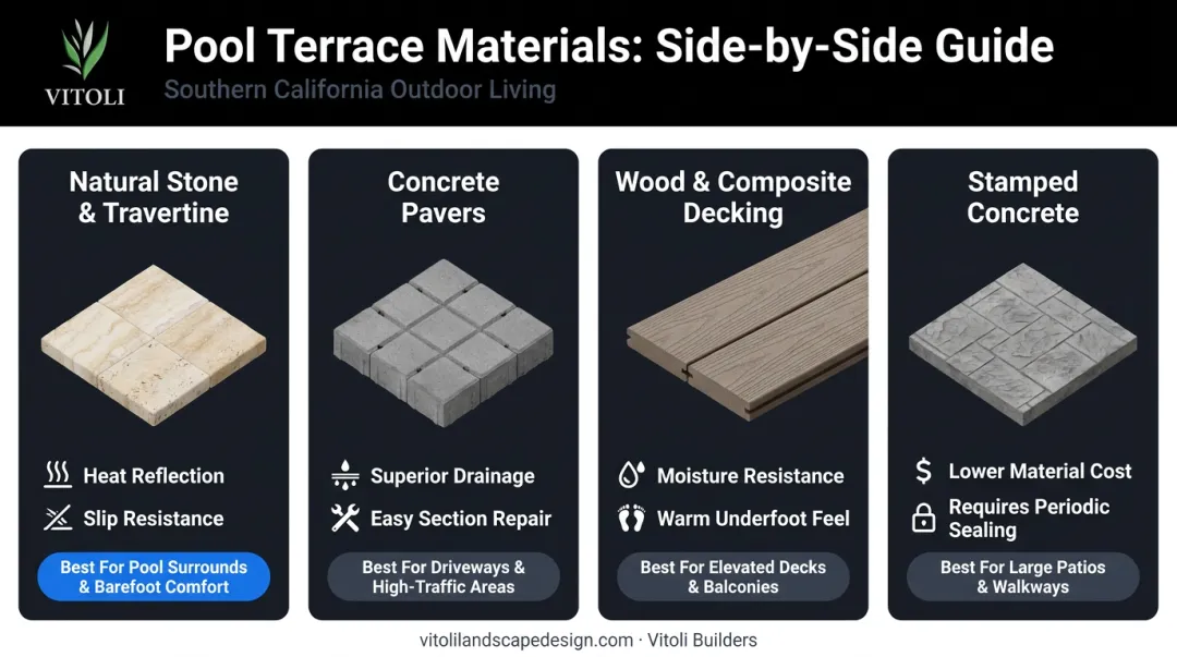 Four pool terrace material options comparison infographic with pros and performance ratings