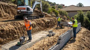 Hillside pool terrace construction site showing grading retaining walls and excavation work